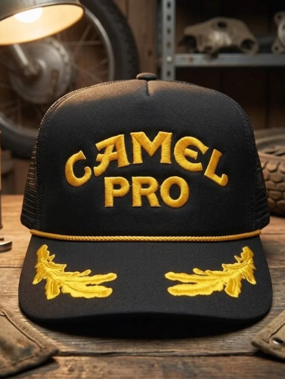 Camel Pro Racing Embroidered Black Gold Rope Trucker Hat Snapback Cap New 80s F1